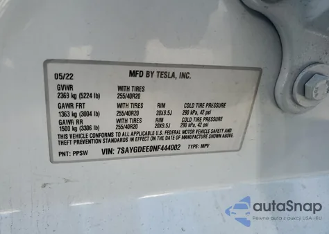 2022 Tesla Model Y from USA, damaged, VIN 7SAYGDEE0NF444002